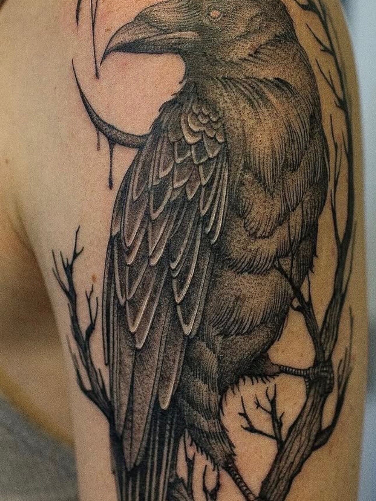 Black and grey realism raven tattoo perched on bare branches under a crescent moon on the upper arm