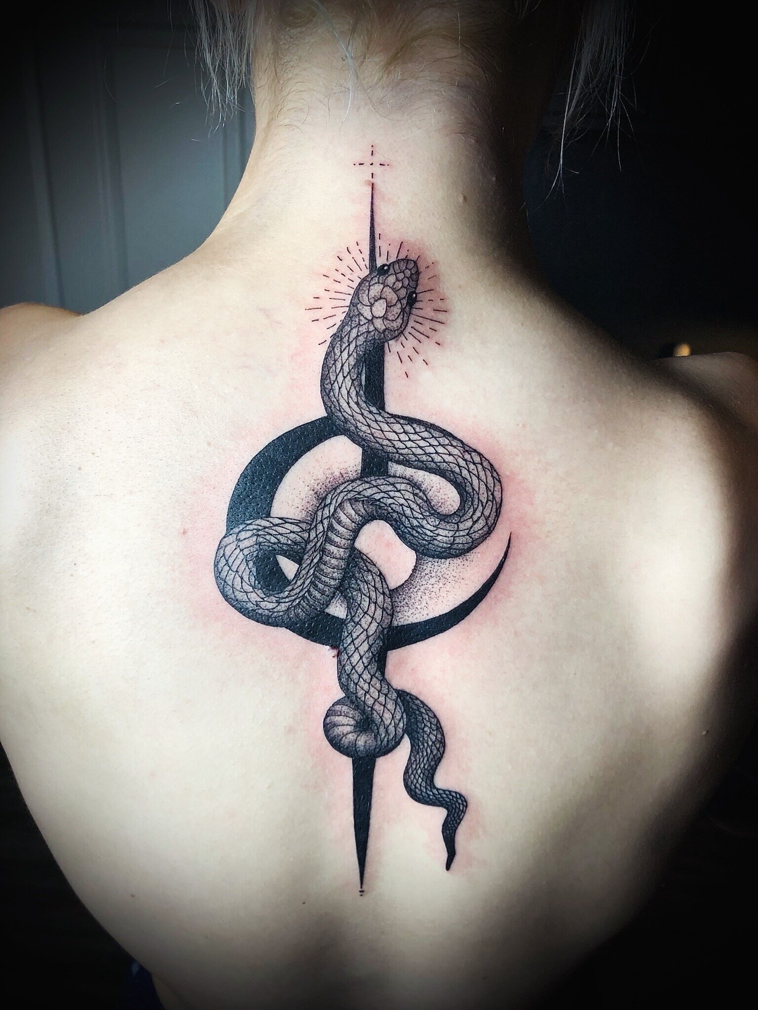 Black and grey realism tattoo of a serpent coiled around a dagger under a crescent moon on the upper back